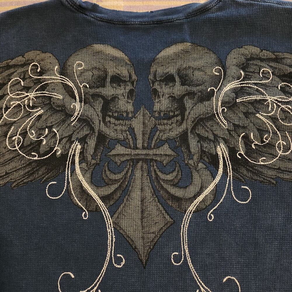 Rare Affliction Mens Thermal Cross Skull Wings Long Sleeve Shirt XL Y2k Usa - Picture 8 of 9